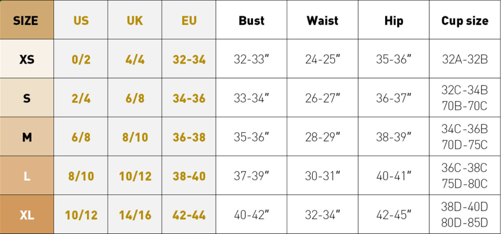 shining lingerie size chart